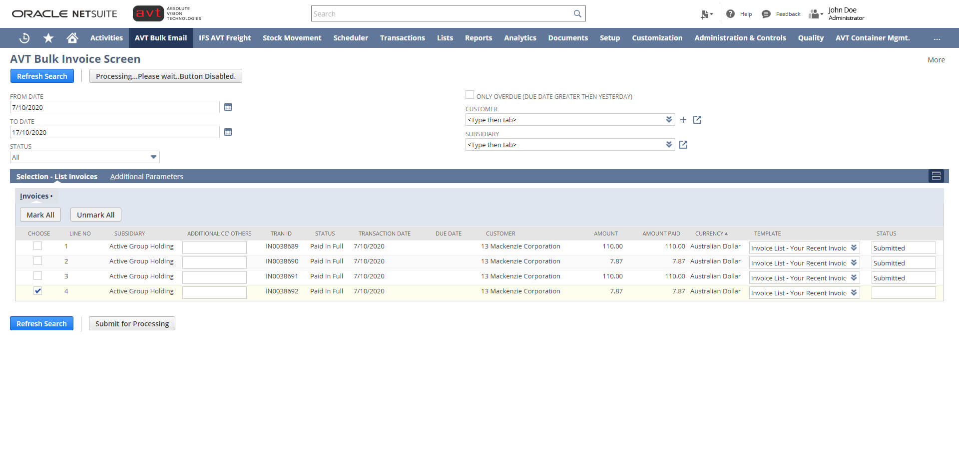 AVT Bulk Invoicing App - Invoicing Screen