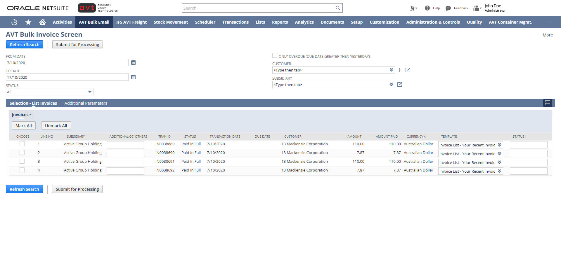 AVT Bulk Invoicing App - Invoicing Screen